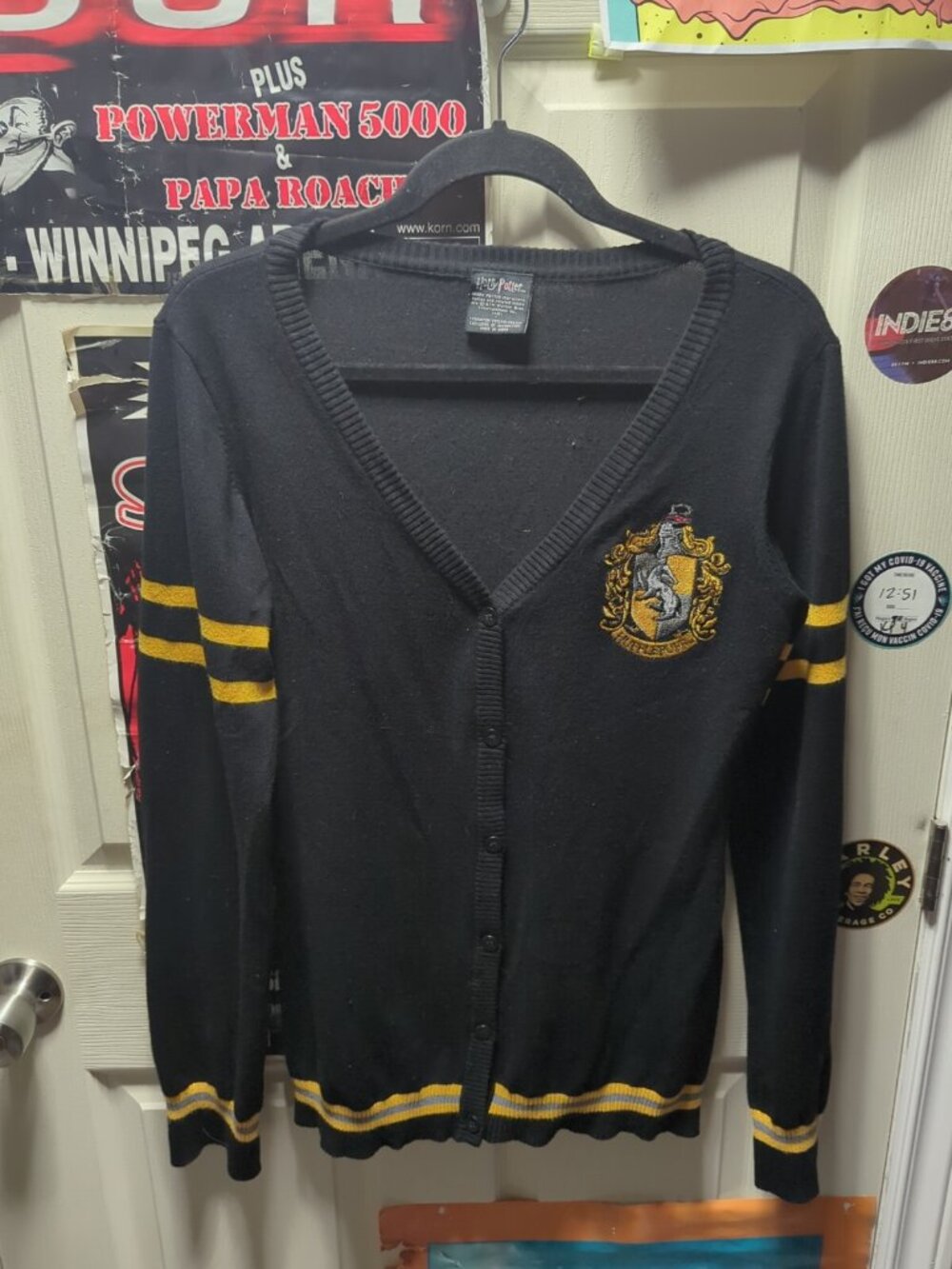 Harry Potter Women Sweater Large Black Cardigan Logo Huflepuff